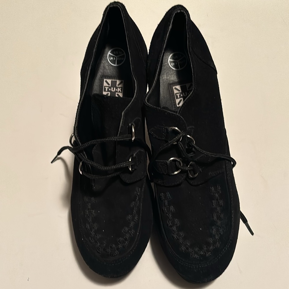 TUK Black Faux Suede Embroidered Stitching Lace Up Ankle Heeled ShoeBoot Size10